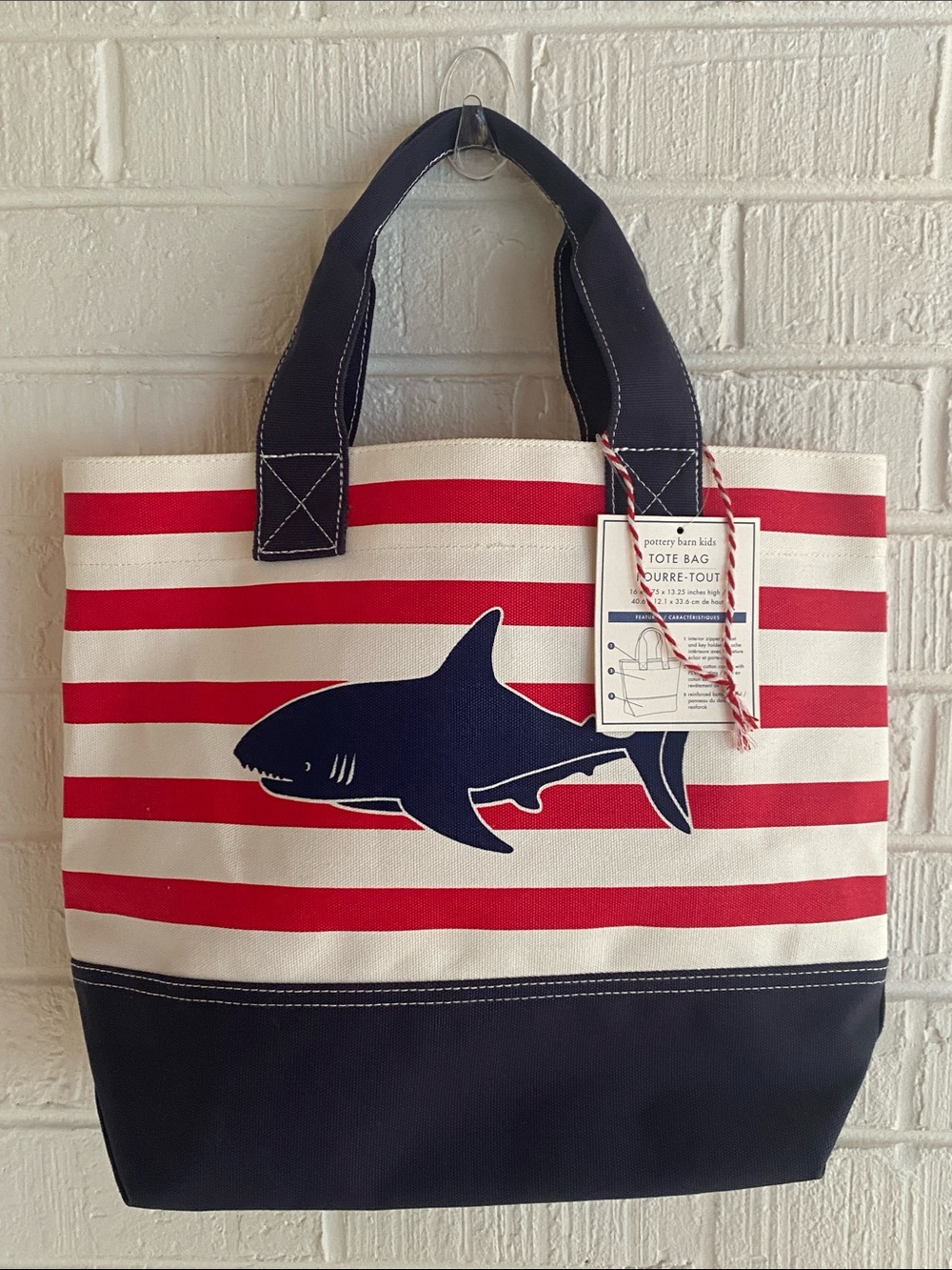 Pottery Barn Kids Navy & Red Shark Stripe Canvas Tote NWT